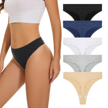 Voenxe High Waisted Seamless Women Underwear Thongs, No Show Ladies Breathable Undies for Women, 5 in 1 Pack