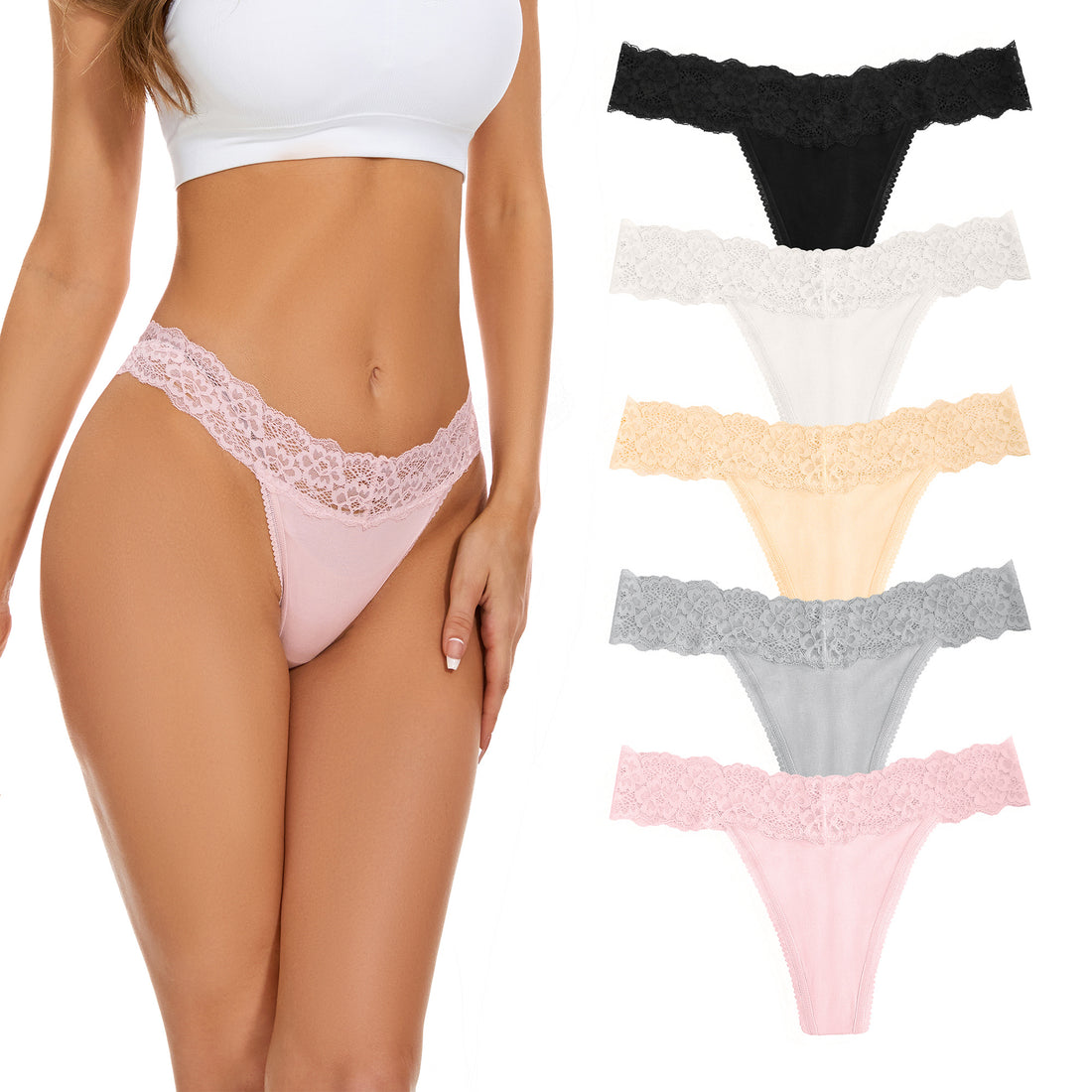 Voenxe Womens Lace Thongs, Breathable Thong Underwear for Women, 5 in 1 Pack