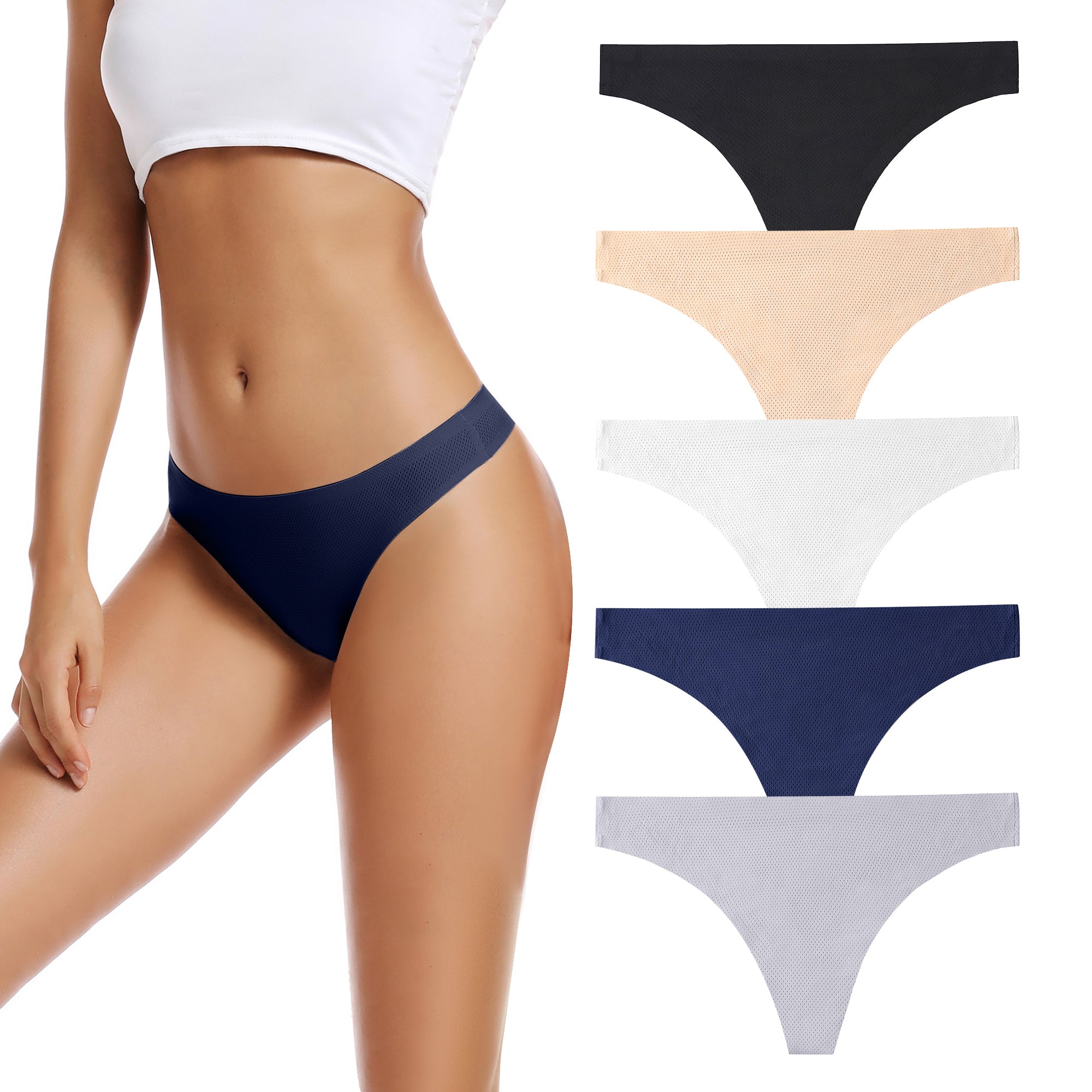 Voenxe Seamless Women Underwear Thongs, No Show Breathable Thong for Women, 5 in 1 Pack