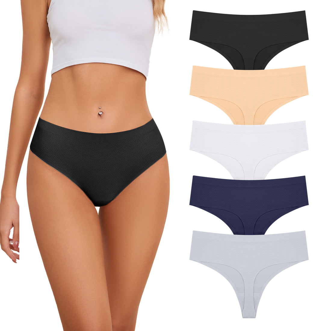 Voenxe High Waisted Women Underwear Thongs, Seamless High Cut No Show Panties, 5 in 1 Pack