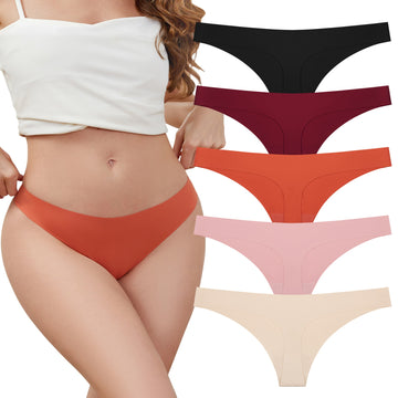 voenxe Seamless Thongs for Women,No Show Ladies Underwear,Invisible Panties,5 in 1 Pack