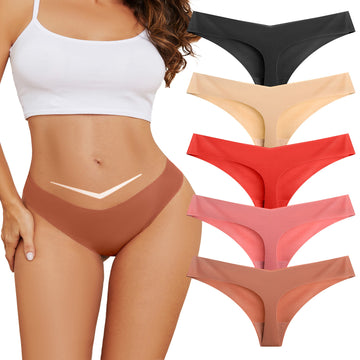 voenxe Low Rise Thongs for Women,No Show Ladies Underwear,Seamless Panties,5 in 1 Pack