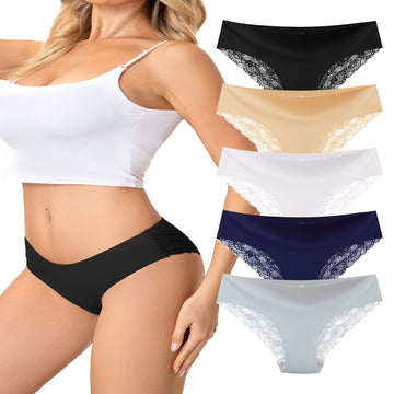 voenxe Lace Underwear for Women,Stretch Soft Bikini Panties,Sheer Lacy Ladies Briefs,5 in 1 Pack