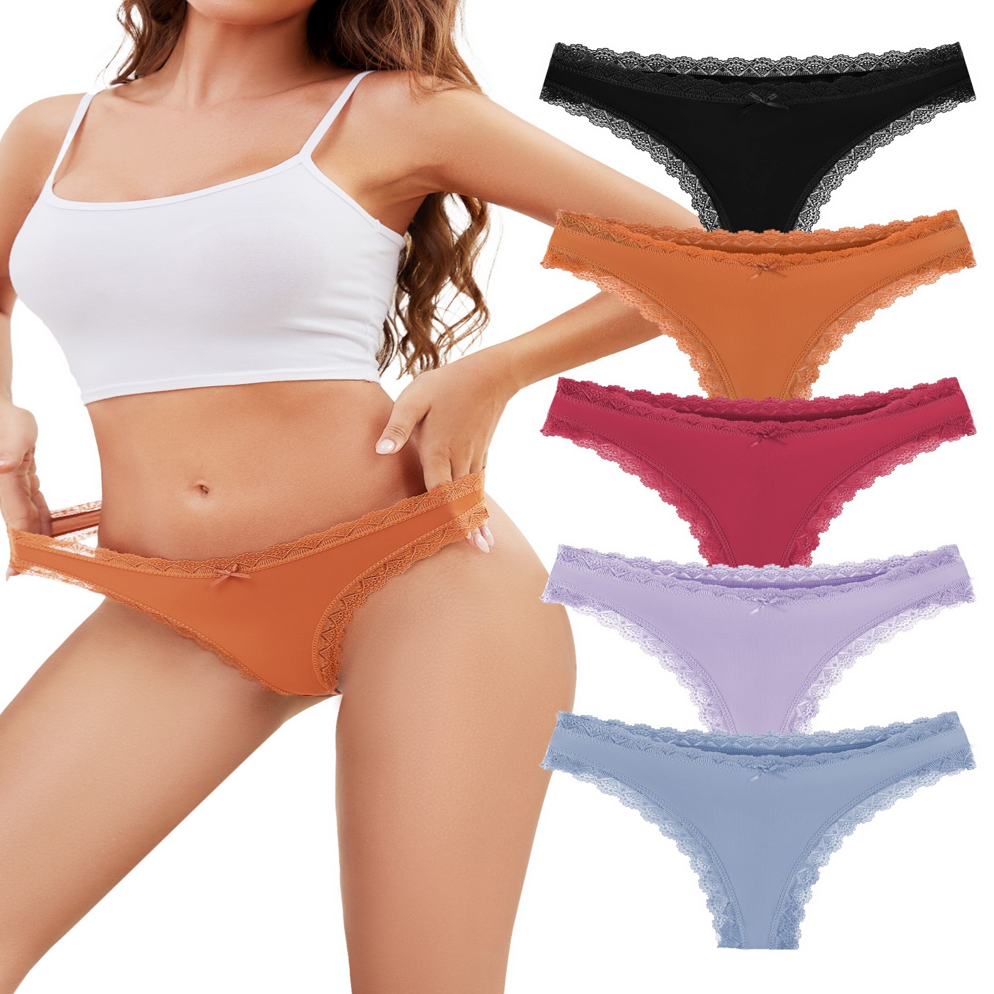 voenxe Seamless Thong for Women,No Show Lace Underwear,5 in 1 Pack