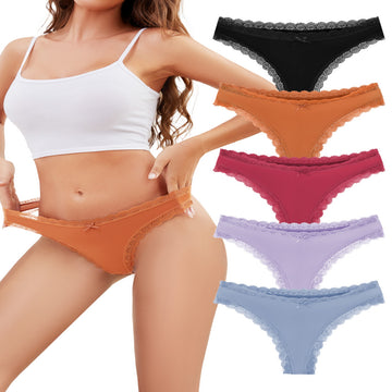voenxe Seamless Thong for Women,No Show Lace Underwear,5 in 1 Pack